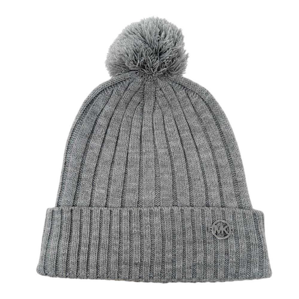 MICHAEL Michael Kors Beanie with Pom Gray OS Winter Soft Ribbed Logo Metal